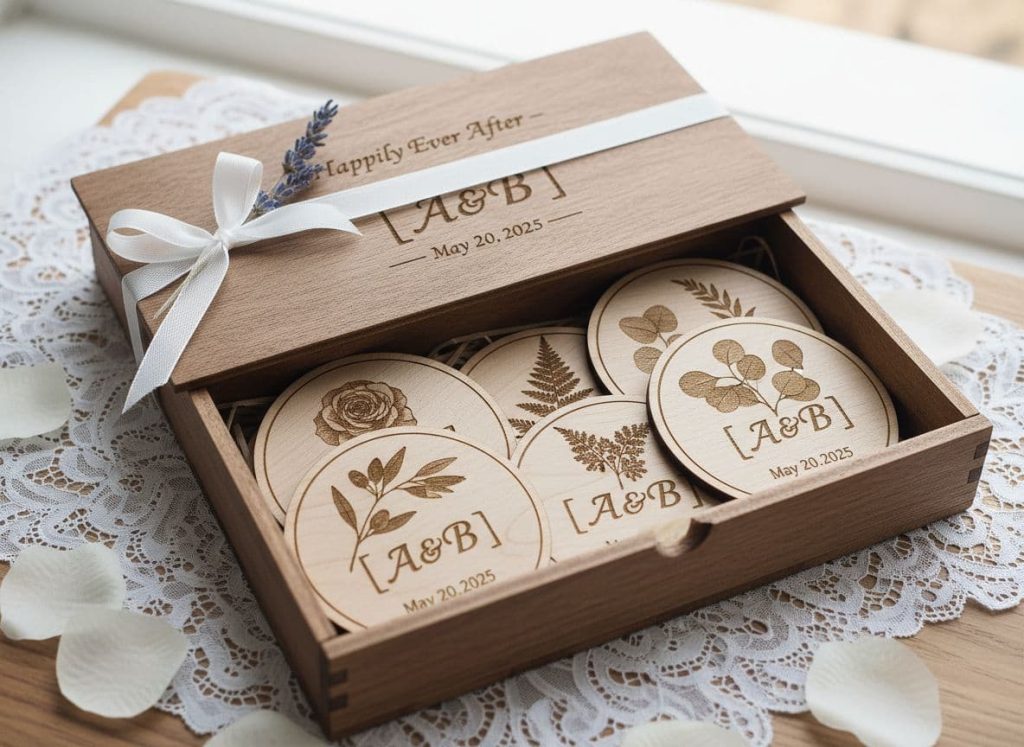 Wooden gift box filled with round botanical coasters engraved with leaves, flowers, and initials A and B with May 20, 2025, tied with white ribbon and lavender on lace