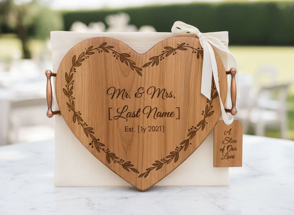 Personalized heart shaped wooden serving board engraved with Mr and Mrs, last name, and established date, styled as a wedding or anniversary gift with ribbon and tag