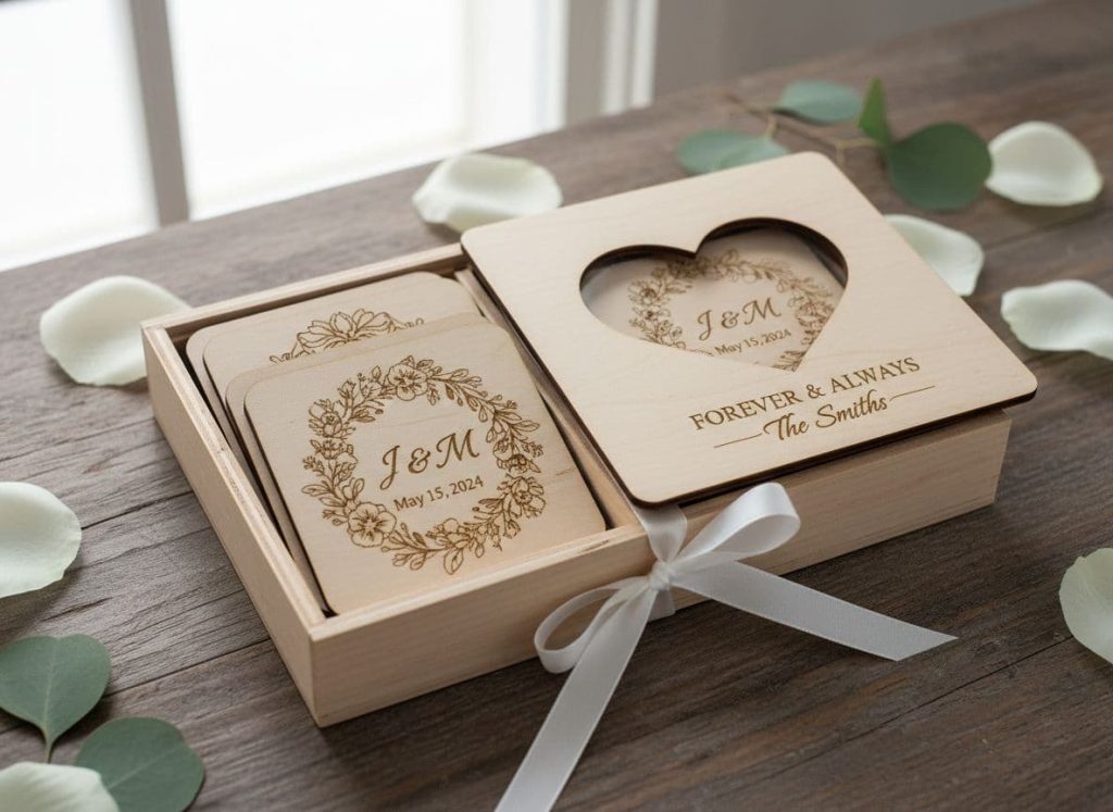 Personalized wooden coaster set with floral wreath monogram J and M and wedding date in an engraved gift box with heart cutout lid and white ribbon on rustic table