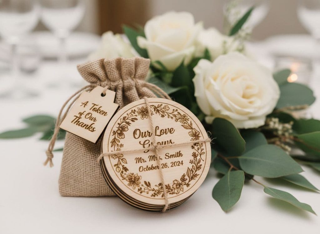 Stack of personalized round wooden coasters engraved with floral border and text Our Love Grows, Mr and Mrs Smith, October 26, 2024, tied with twine next to burlap gift bag and white roses on wedding table