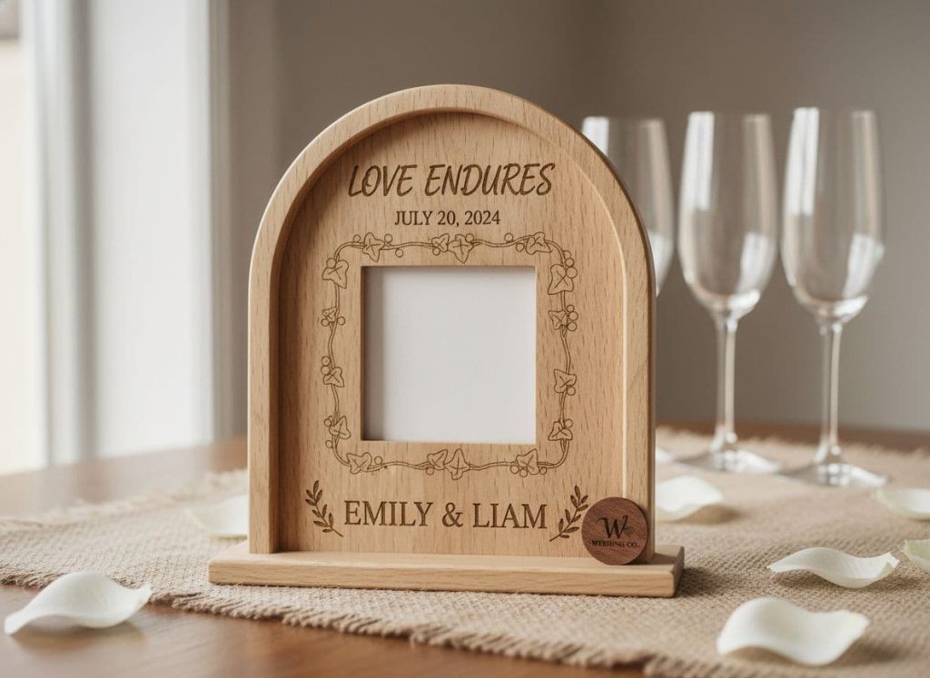 Personalized wooden wedding photo frame engraved with Love Endures, July 20, 2024, and names Emily and Liam, standing on table with champagne flutes and rose petals