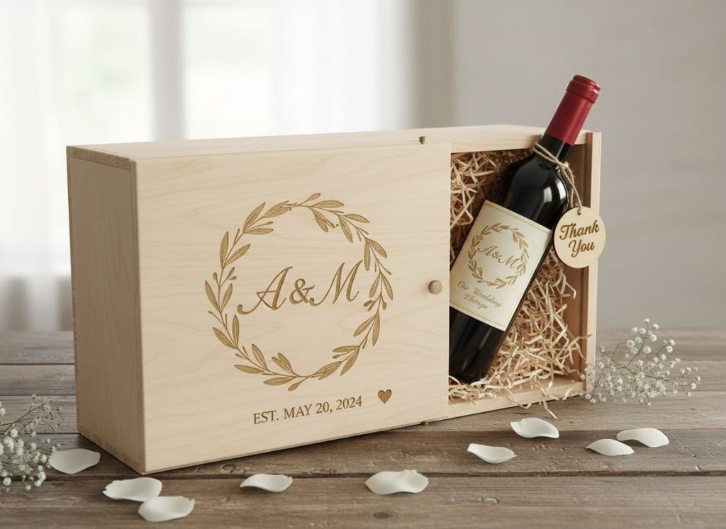 Personalized wooden wine gift box with engraved A and M monogram and bottle of red wine in shredded filler, styled as an elegant wedding or anniversary gift