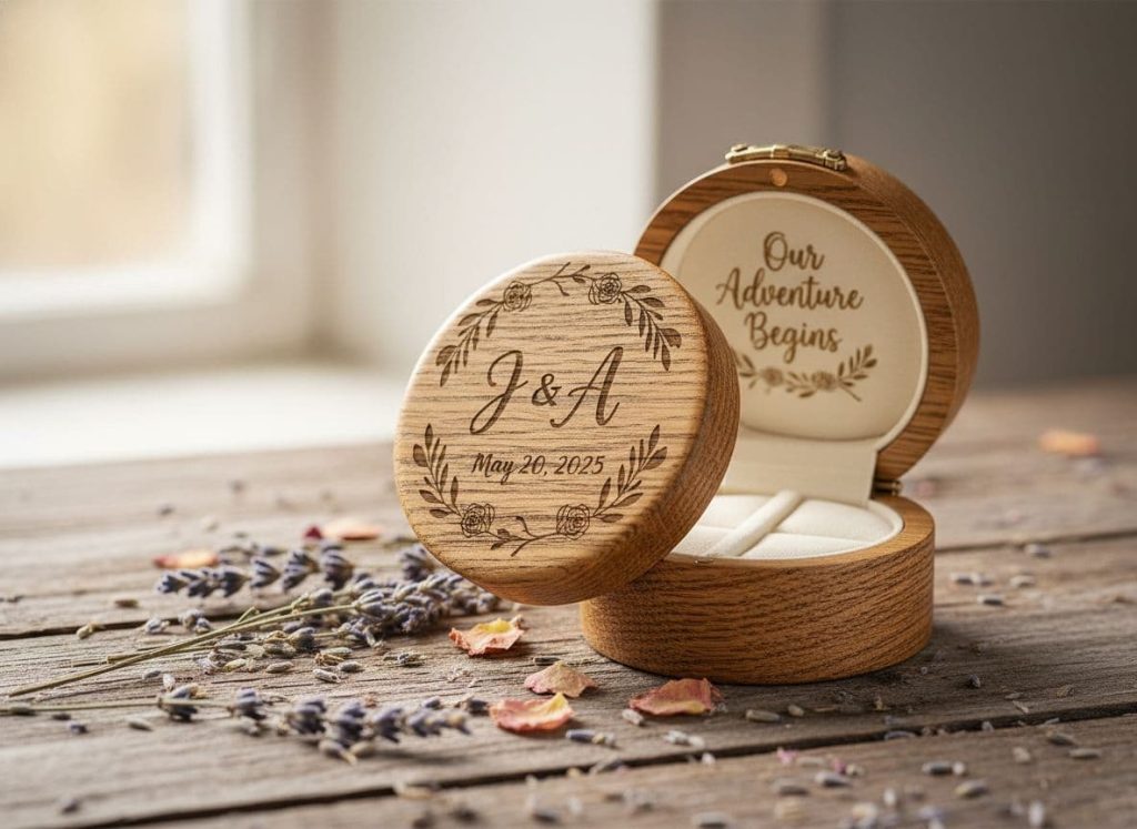 Round wooden ring box engraved with J and A initials and May 20, 2025, open to show padded ring slots and message Our Adventure Begins, styled with dried lavender on rustic table