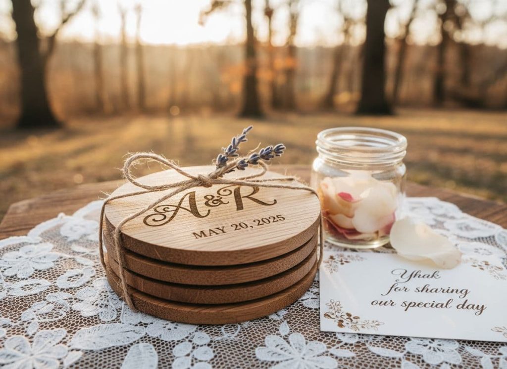 Stack of personalized round wooden coasters engraved with A and R monogram and May 20, 2025, tied with twine and lavender on lace tablecloth at outdoor wedding
