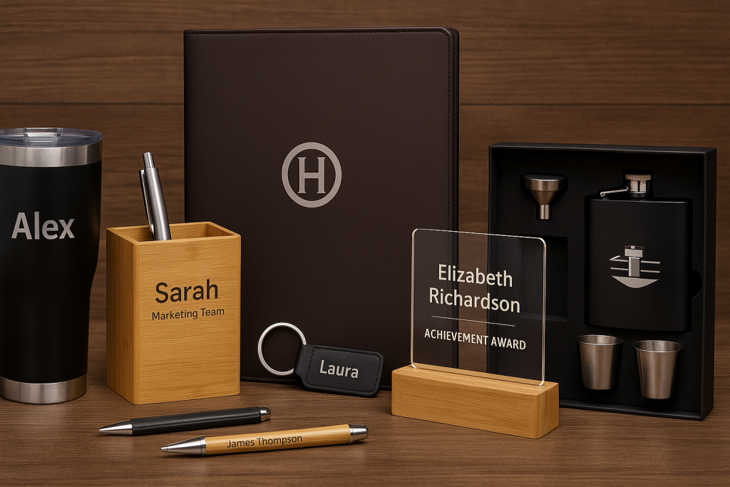 Engraved employee gift set featuring a personalized tumbler, bamboo desk organizer, leather portfolio with custom logo, LED acrylic award, and flask set displayed on a wooden background.