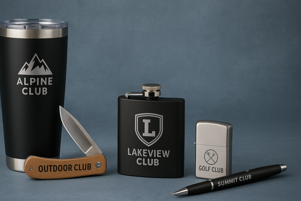 Bulk engraved gifts for clubs including stainless steel tumblers, engraved knives, flasks, lighters, and pens