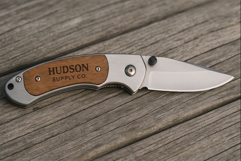 Engraved pocket knife with Hudson Supply Co logo resting on weathered wood.