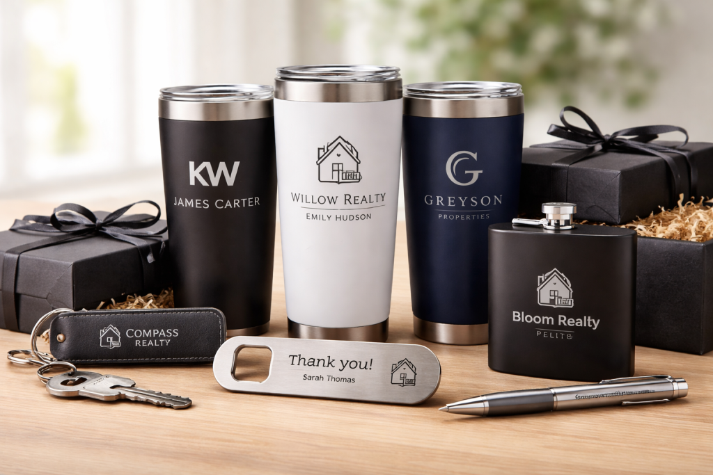 Bulk engraved realtor gifts including custom tumblers, keychains, bottle openers, pens, and flasks arranged in a professional gift display