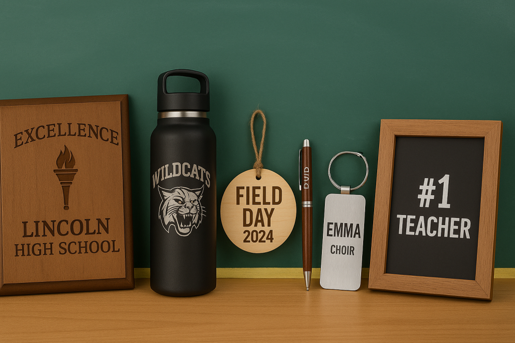 Bulk engraved school and team gifts arranged in a classroom setting featuring a plaque, engraved water bottle, field day ornament, name tag, staff keychain, engraved pen, and teacher frame.