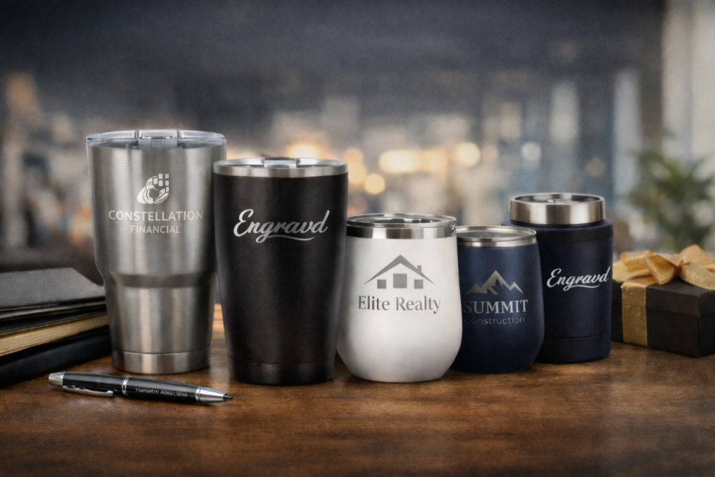 Bulk engraved stainless steel tumblers with company logos and an engraved pen displayed as premium corporate gifts