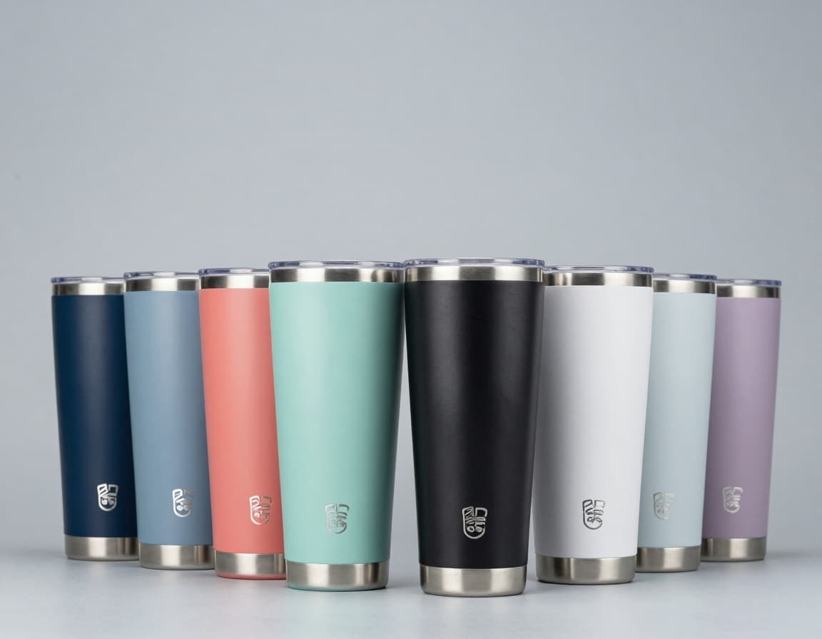 Assorted powder coated stainless steel tumblers standing in a row, showing multiple matte colors and engraved stainless steel logos.