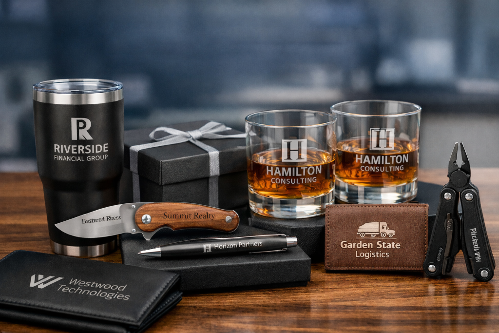NJ corporate engraved gifts featuring custom engraved tumblers, barware, knives, pens, and leather accessories for business gifting