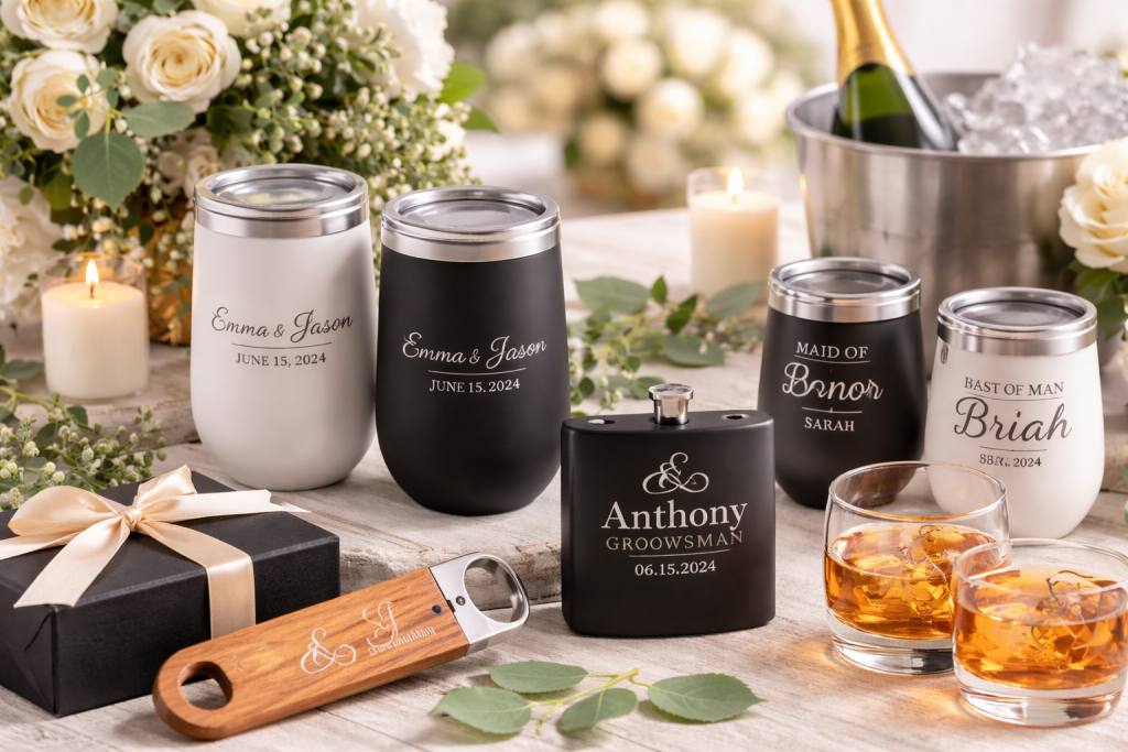 NJ wedding engraving featuring personalized engraved tumblers, flasks, and barware for wedding parties