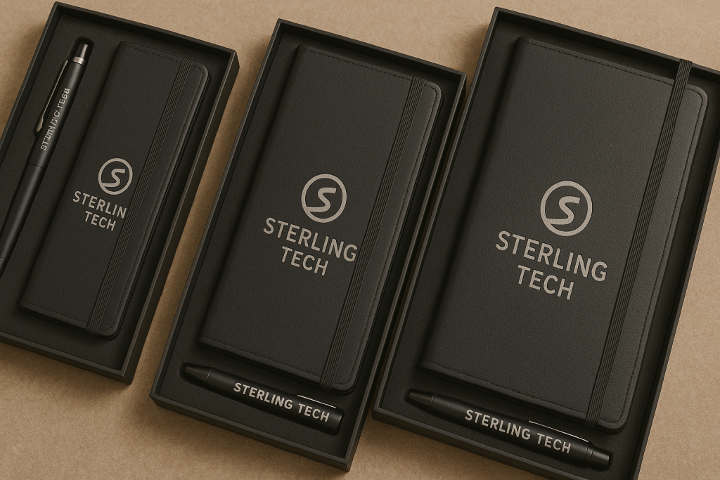 Three black faux-leather notebook and pen sets engraved with the Sterling Tech logo, arranged in gift boxes and photographed in a 16:9 layout for Bulk Engraved Corporate Gifts.