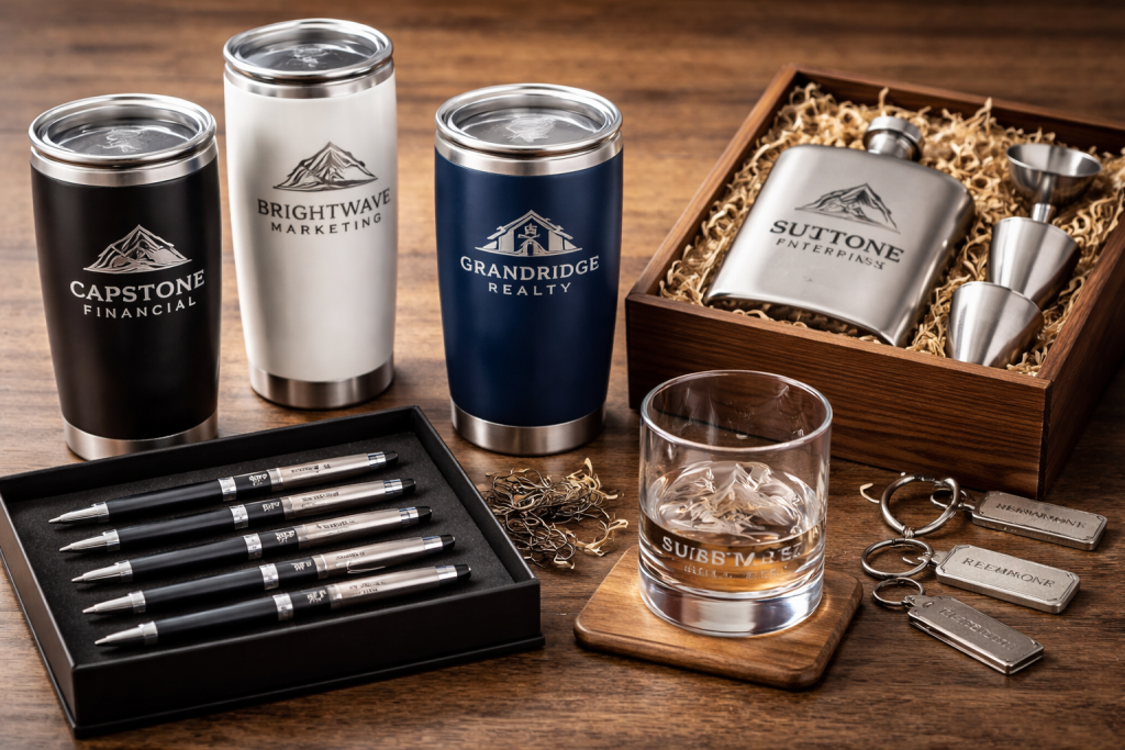 Wholesale bulk engraved gifts including custom tumblers, pens, barware, and accessories arranged for corporate gifting