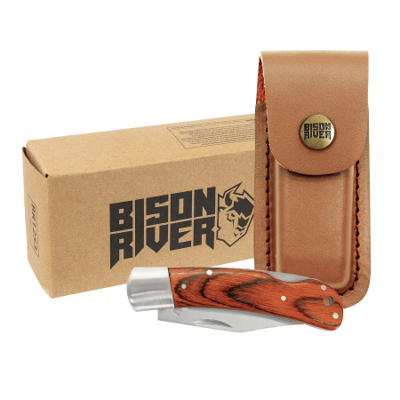 Bison River 4" Wood Folding Knife with Leather Sheath