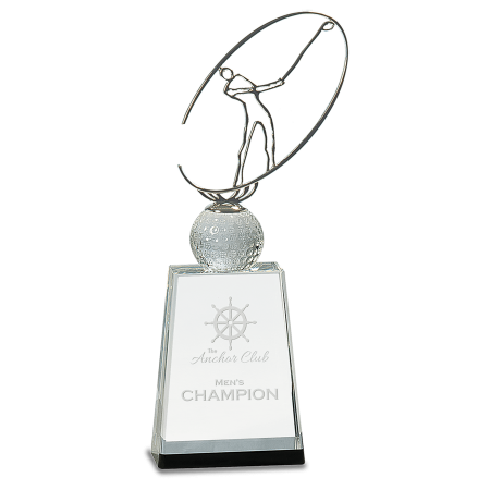 12" Clear/Black Crystal Golf Award with Silver Metal Oval Figure