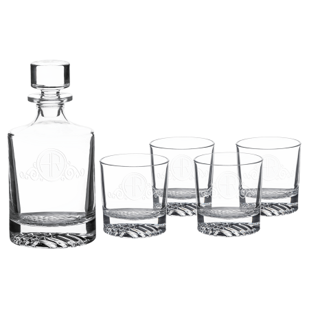 Polar Camel 850mL Round Glass Decanter Set with Four 9 oz. Rocks Glasses in Black Gift Box with Printed Paper Sleeve
