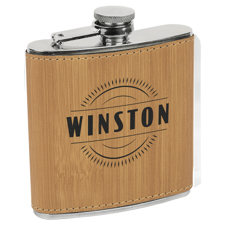 6 oz. Bamboo Laserable Leatherette Stainless Steel Flask