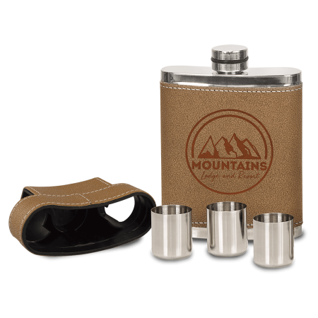 7 oz. Leather Flask with Lid & 3 Shot Glasses