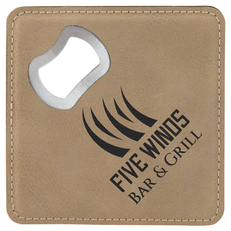 4" x 4" Square Laserable Leatherette Coaster with Bottle Opener