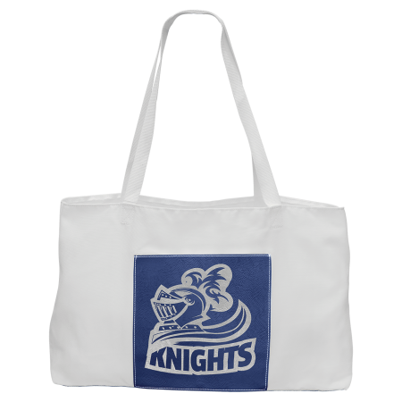 19" x 12" White Bag with 5" Blue/Silver Laserable Leatherette Gusset