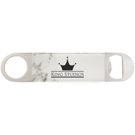 1 1/2" x 7" White Marble Laserable Leatherette Bottle Opener