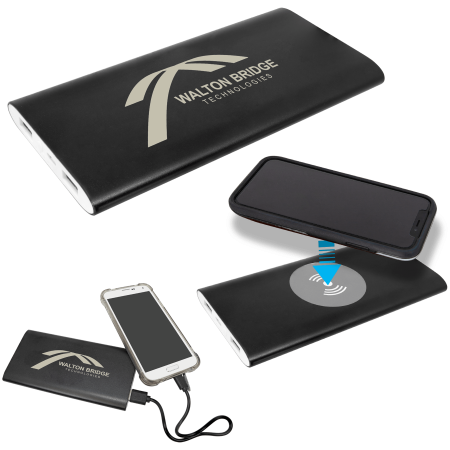Black 8000MAH Power Bank & Wireless Anodized Aluminum Charger w/USB Power Cord