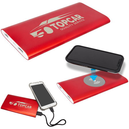 Red 8000MAH Power Bank & Wireless Anodized Aluminum Charger with Power Cord