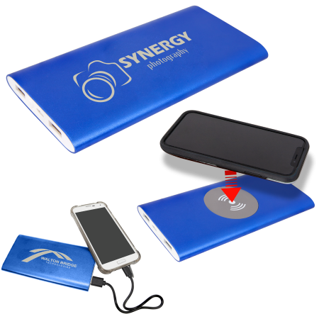 Blue 8000MAH Power Bank & Wireless Anodized Aluminum Charger with USB  Pow er Cord
