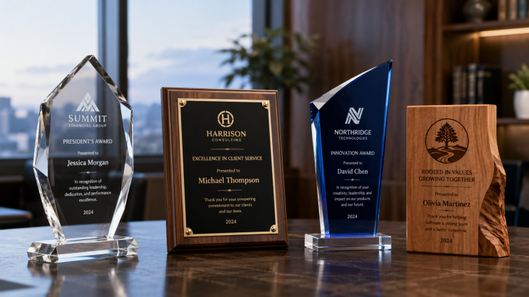 Assorted engraved corporate awards in crystal, wood, and plaque styles displayed together on a polished executive office desk.