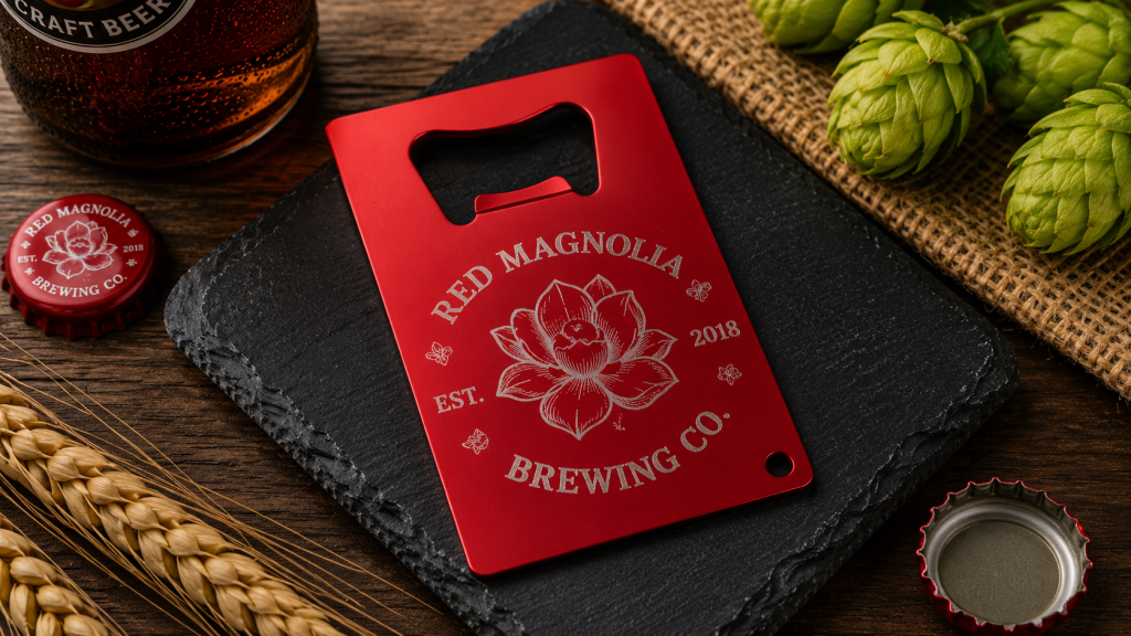 Red anodized aluminum credit card bottle opener featuring a custom engraved Red Magnolia Brewing Co. logo displayed on a rustic brewery themed tabletop with hops, barley, bottle caps, and slate serving board.