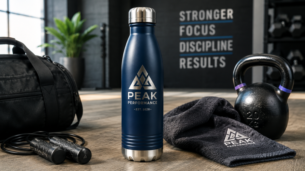Custom engraved stainless steel water bottle featuring the Peak Performance logo displayed in a modern fitness gym with workout equipment, kettlebell, jump rope, gym bag, and branded towel.