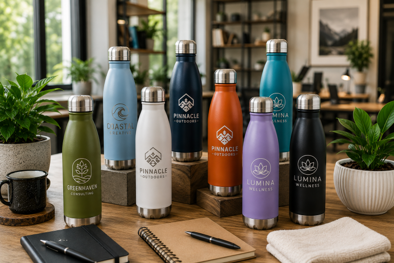 Collection of custom engraved stainless steel water bottles featuring multiple company logos displayed in a modern office environment with plants, notebooks, coffee mug, and branded accessories.