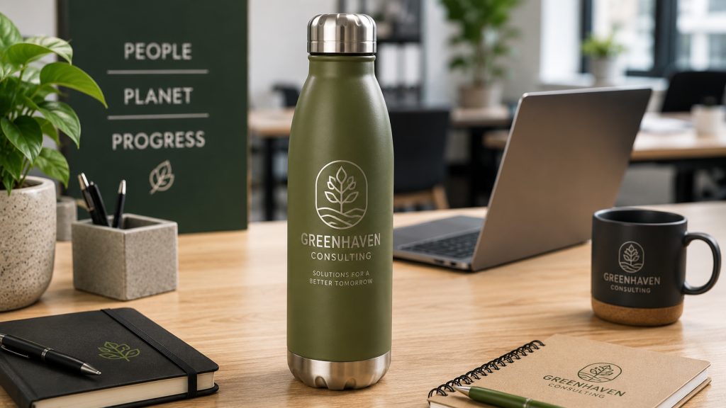 Custom engraved olive green stainless steel water bottle featuring the Greenhaven Consulting logo displayed in a modern office workspace with a laptop, branded notebook, coffee mug, plants, and sustainability themed décor.
