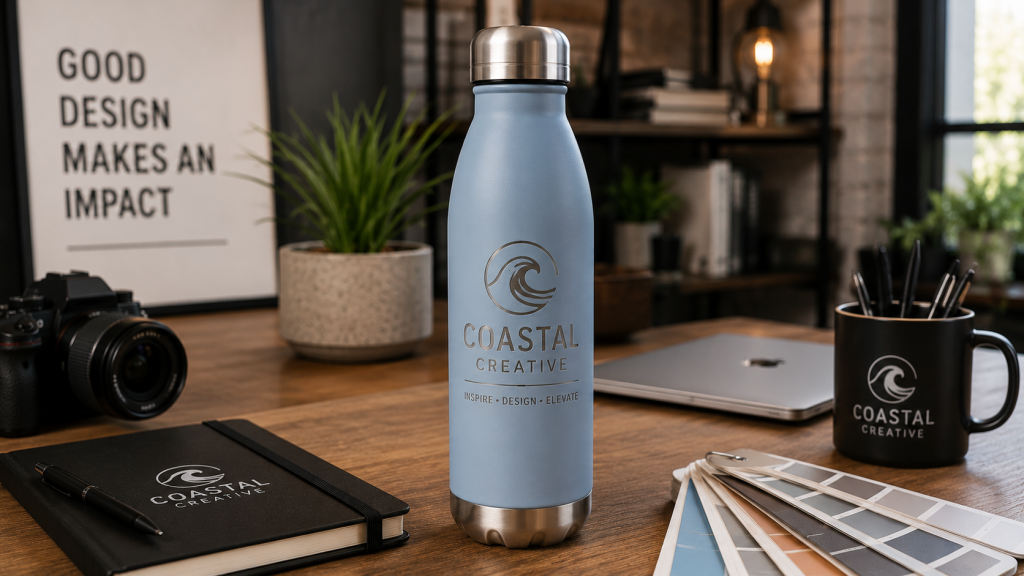 Custom engraved light blue stainless steel water bottle featuring the Coastal Creative logo displayed in a modern design studio with a camera, laptop, notebook, color swatches, and creative workspace accessories.