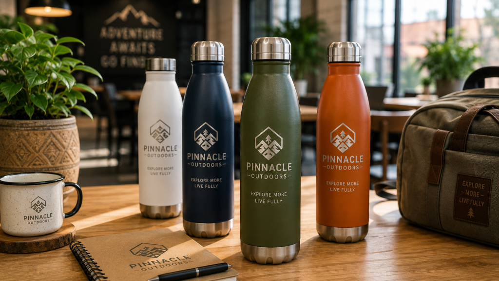 Custom engraved stainless steel water bottles featuring the Pinnacle Outdoors logo displayed in a modern adventure themed café with branded merchandise, travel gear, plants, and lifestyle accessories.
