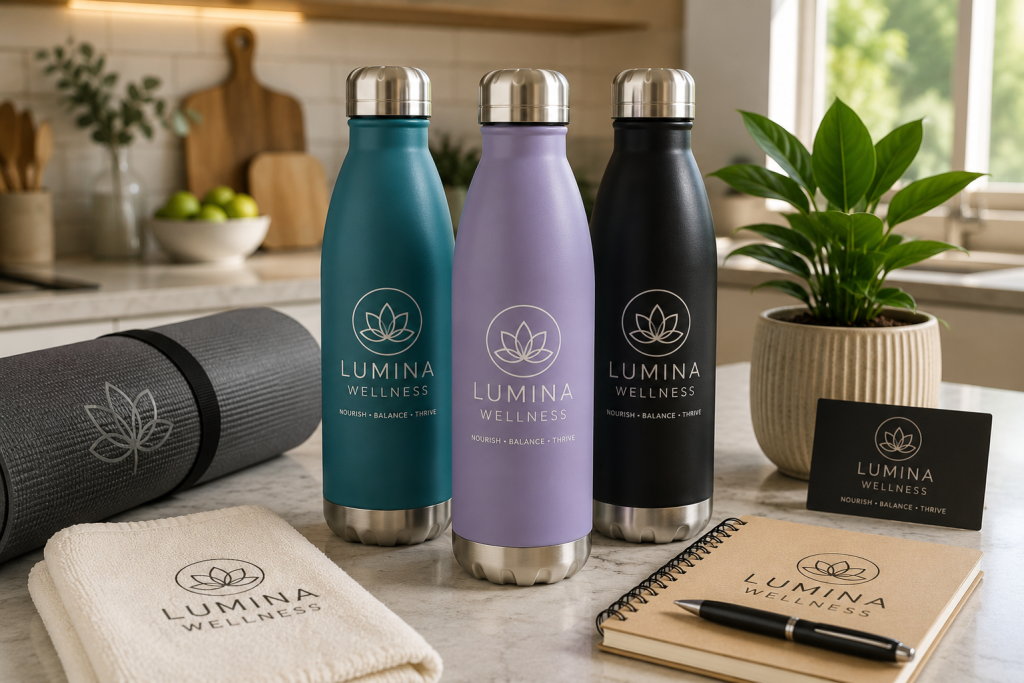 Custom engraved stainless steel water bottles featuring the Lumina Wellness logo displayed in a bright wellness inspired kitchen with yoga accessories, branded merchandise, plants, and lifestyle products.