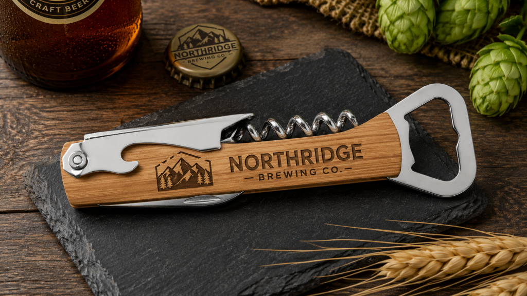 Custom engraved wooden wine opener and bottle opener featuring the Northridge Brewing Co. logo displayed on a rustic brewery themed tabletop with hops, barley, beer bottle, and slate serving board.