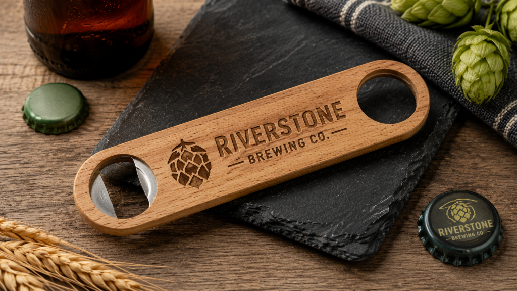 Custom engraved wooden bottle opener featuring the Riverstone Brewing Co. logo displayed on a rustic tabletop with hops, barley, bottle caps, and brewery themed accessories.