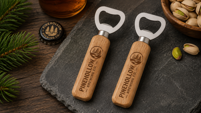 Custom engraved wooden bottle openers featuring a company logo and brand name laser engraved into natural wood handles, displayed on a rustic slate and wood tabletop.