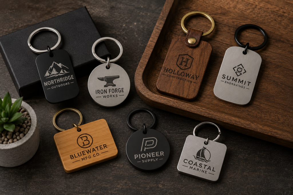Custom engraved keychains featuring company logos on wood and metal keychains arranged on a tabletop display for corporate events and promotional giveaways.
