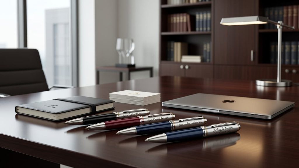 Custom engraved metal business pens displayed on an executive office desk with a notebook, business cards, and laptop.