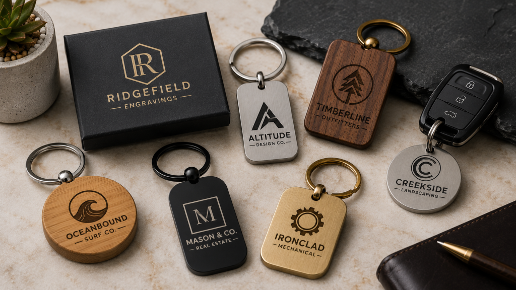 Assortment of custom engraved metal and wood key chains featuring company logos displayed on a desktop with business accessories and branded packaging.