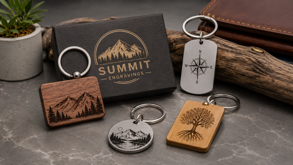 Custom engraved wood and metal keychains displayed on a tabletop with personalized laser engraved designs, including mountains, a compass, and a tree graphic.