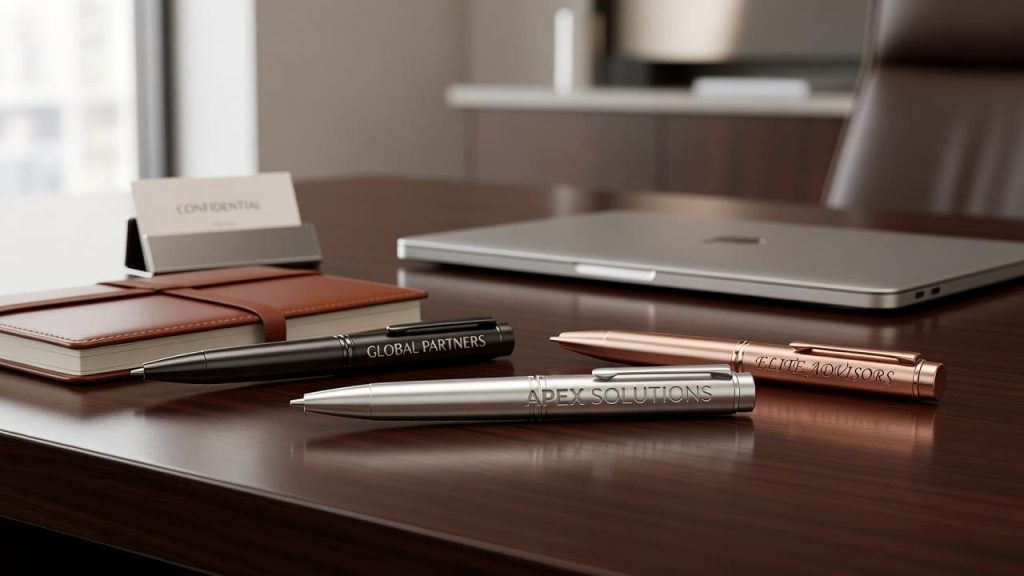 Custom engraved metal pens with company names displayed on an executive office desk beside a notebook and laptop.