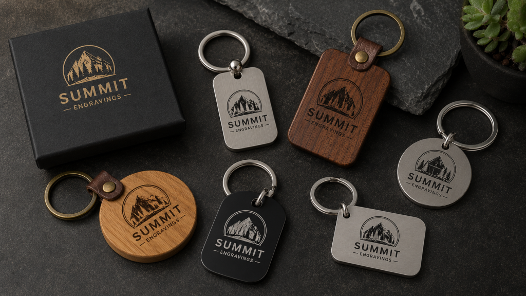 Custom engraved logo key chains made from wood and metal featuring a matching company logo across multiple keychain styles and materials.