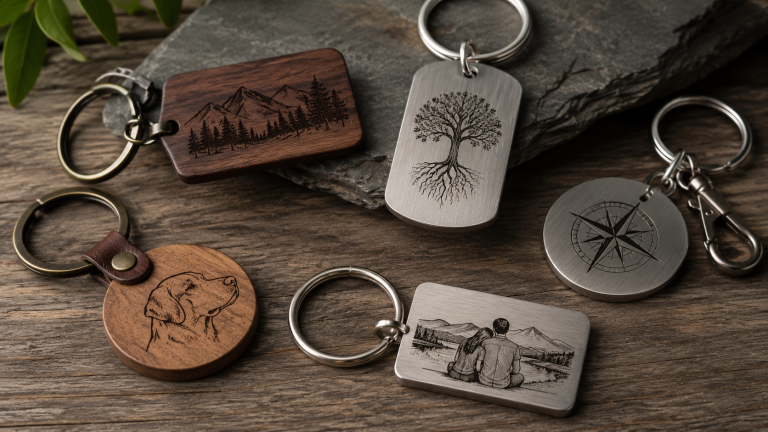 Collection of custom engraved wooden and metal keychains featuring personalized artwork including mountains, a tree, a compass, a pet portrait, and a scenic couple engraving.
