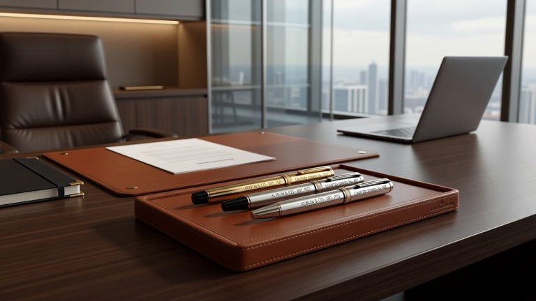 Premium custom engraved pens displayed on a leather desk organizer in a modern executive office overlooking a city skyline.