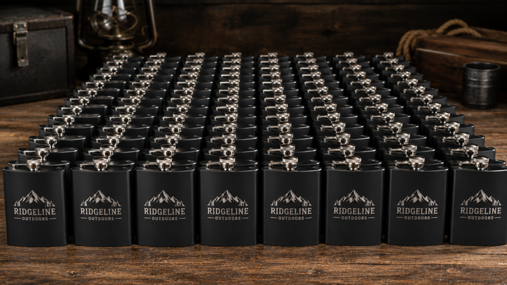Fifty black stainless steel flasks with matching laser engraved company logos arranged in organized rows on a rustic wooden table.